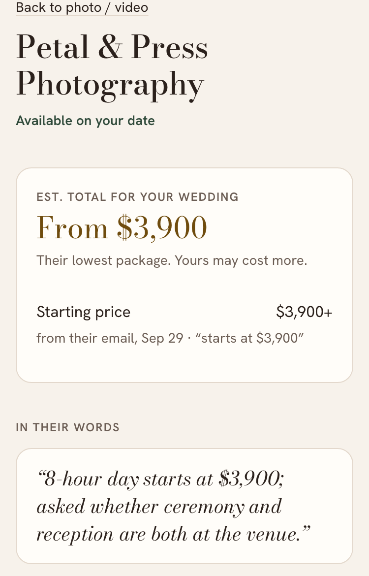 A vendor's page in the comparison: Petal and Press Photography, available on your date, estimated total from $3,900, starting price from their email on Sep 29, and their own words.